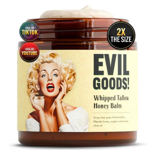 Jar of 'Evil Goods!' whipped tallow honey balm with a vintage-style label featuring a woman.